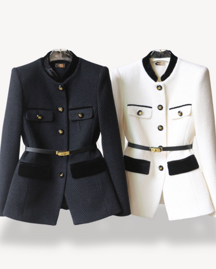 Women's Tailored Belted Blazer – Velvet Detail & Gold-Tone Finish