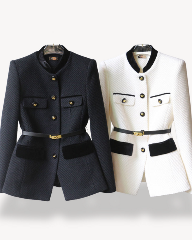 Women's Tailored Belted Blazer – Velvet Detail & Gold-Tone Finish