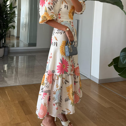 Elowen | Women's Floral Midi Dress with Square Neck and Puff Sleeves
