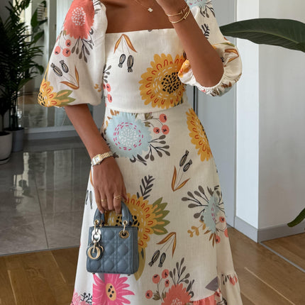 Elowen | Women's Floral Midi Dress with Square Neck and Puff Sleeves