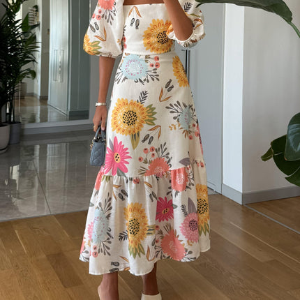 Elowen | Women's Floral Midi Dress with Square Neck and Puff Sleeves