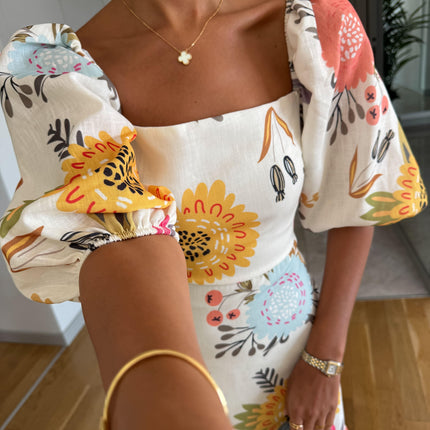 Elowen | Women's Floral Midi Dress with Square Neck and Puff Sleeves