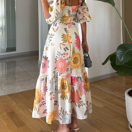 Elowen | Women's Floral Midi Dress with Square Neck and Puff Sleeves
