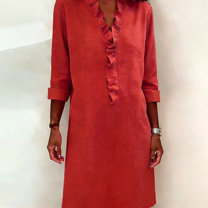 Rosalie | Women's Ruffle V-Neck Midi Dress with 3/4 Sleeves