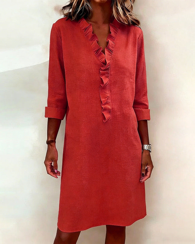 Rosalie | Women's Ruffle V-Neck Midi Dress with 3/4 Sleeves