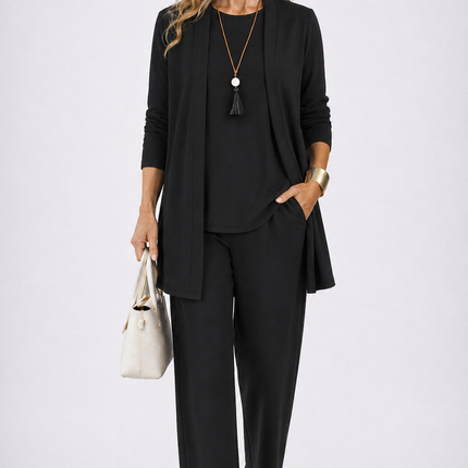 Adeline | Women's Elegant 3-Piece Set with Longline Cardigan, Relaxed Top and Wide Leg Pants