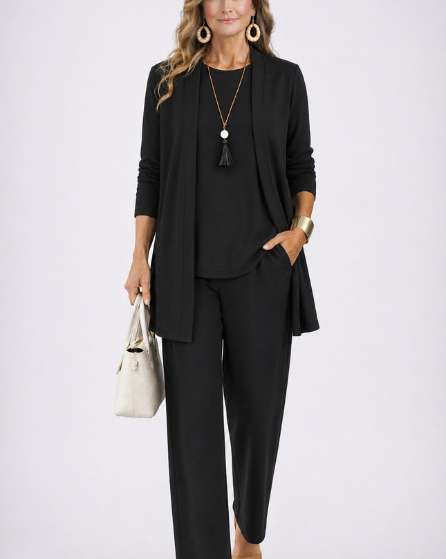 Adeline | Women's Elegant 3-Piece Set with Longline Cardigan, Relaxed Top and Wide Leg Pants