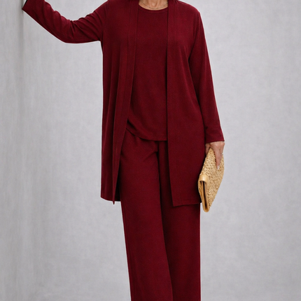 Adeline | Women's Elegant 3-Piece Set with Longline Cardigan, Relaxed Top and Wide Leg Pants