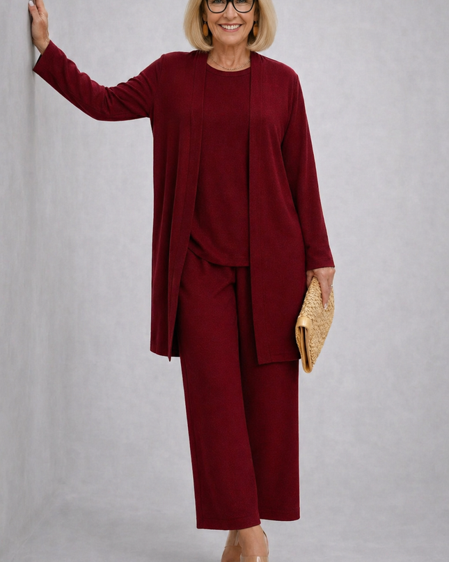 Adeline | Women's Elegant 3-Piece Set with Longline Cardigan, Relaxed Top and Wide Leg Pants