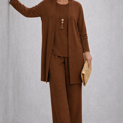 Adeline | Women's Elegant 3-Piece Set with Longline Cardigan, Relaxed Top and Wide Leg Pants