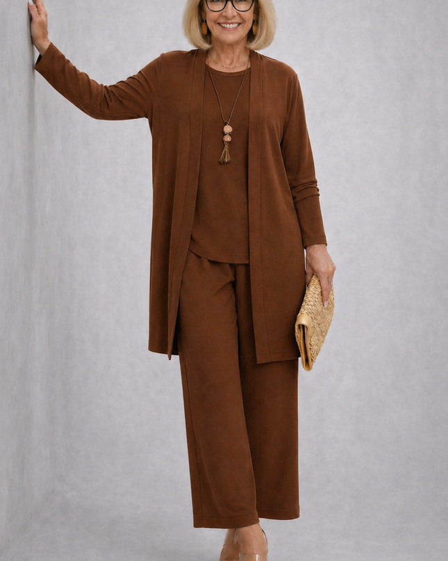 Adeline | Women's Elegant 3-Piece Set with Longline Cardigan, Relaxed Top and Wide Leg Pants