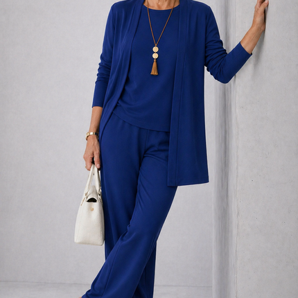 Adeline | Women's Elegant 3-Piece Set with Longline Cardigan, Relaxed Top and Wide Leg Pants
