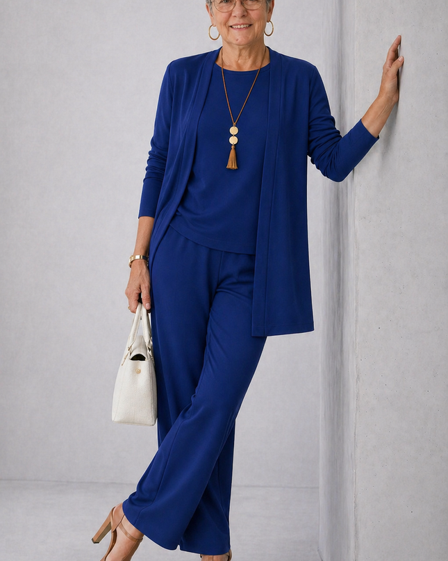 Adeline | Women's Elegant 3-Piece Set with Longline Cardigan, Relaxed Top and Wide Leg Pants