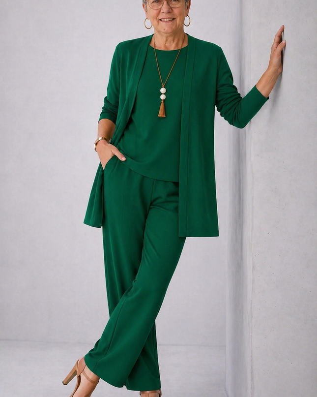 Adeline | Women's Elegant 3-Piece Set with Longline Cardigan, Relaxed Top and Wide Leg Pants