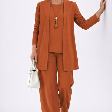 Adeline | Women's Elegant 3-Piece Set with Longline Cardigan, Relaxed Top and Wide Leg Pants