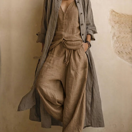 Alessia | Women's Bohemian 3-Piece Set with Longline Jacket, V-Neck Top and Wide Leg Pants