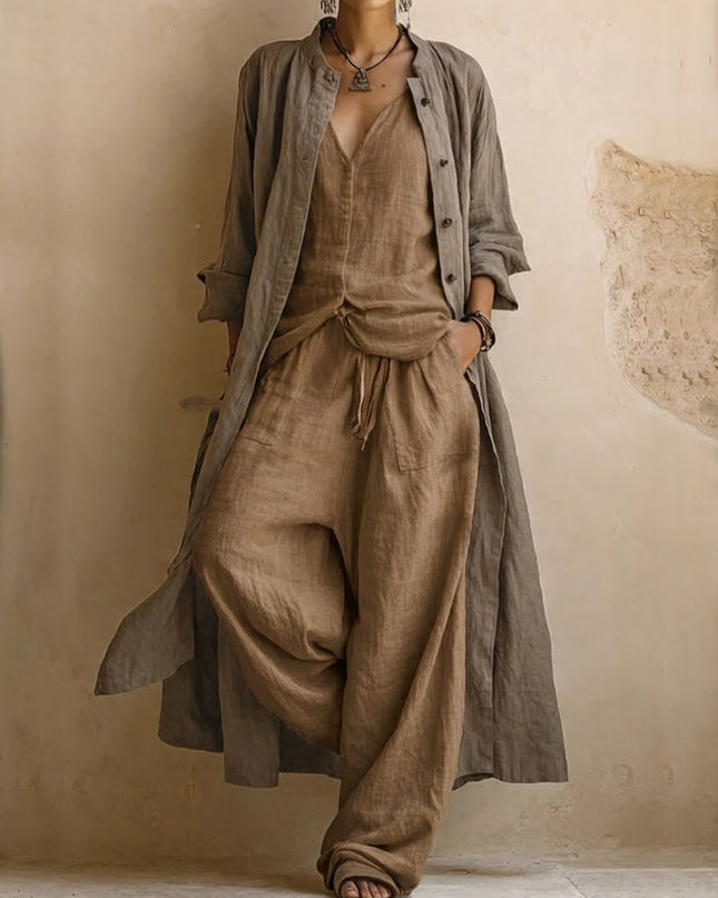 Alessia | Women's Bohemian 3-Piece Set with Longline Jacket, V-Neck Top and Wide Leg Pants