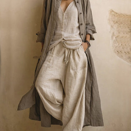 Alessia | Women's Bohemian 3-Piece Set with Longline Jacket, V-Neck Top and Wide Leg Pants