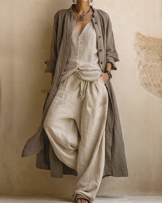 Alessia | Women's Bohemian 3-Piece Set with Longline Jacket, V-Neck Top and Wide Leg Pants