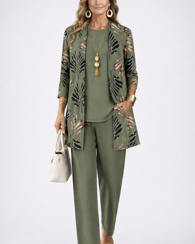 Amélie | Women's Elegant 3-Piece Set with Botanical Print Longline Jacket, Top and Wide Leg Pants