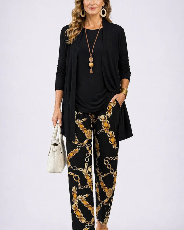 Amélie | Women's Elegant 3-Piece Set with Botanical Print Longline Jacket, Top and Wide Leg Pants