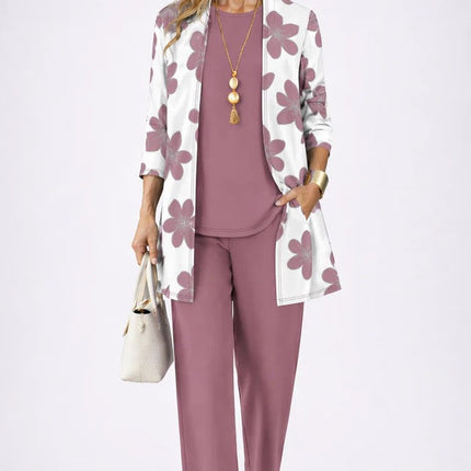 Amélie | Women's Elegant 3-Piece Set with Botanical Print Longline Jacket, Top and Wide Leg Pants