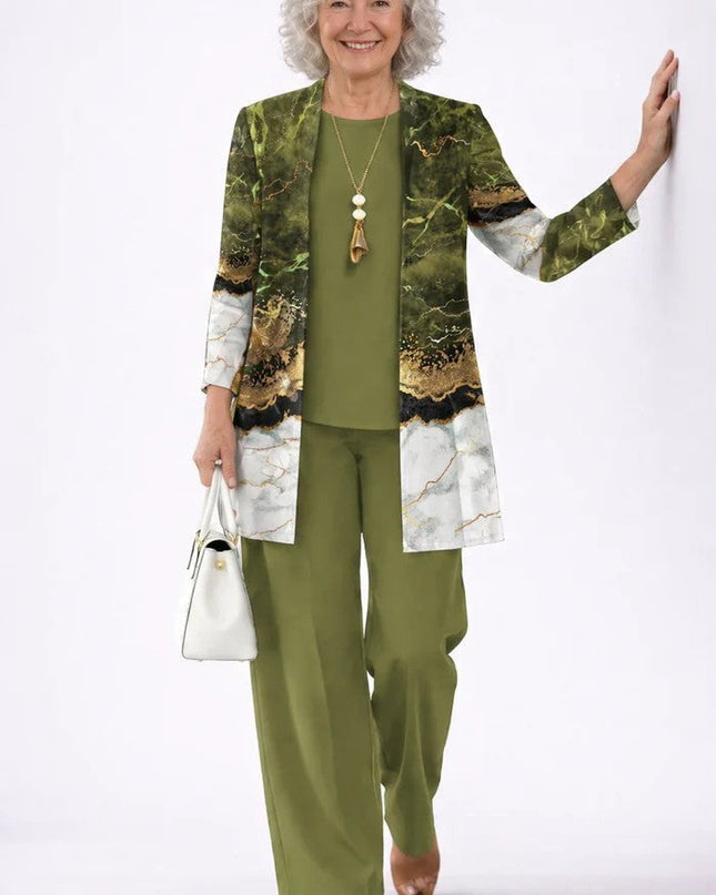 Amélie | Women's Elegant 3-Piece Set with Botanical Print Longline Jacket, Top and Wide Leg Pants