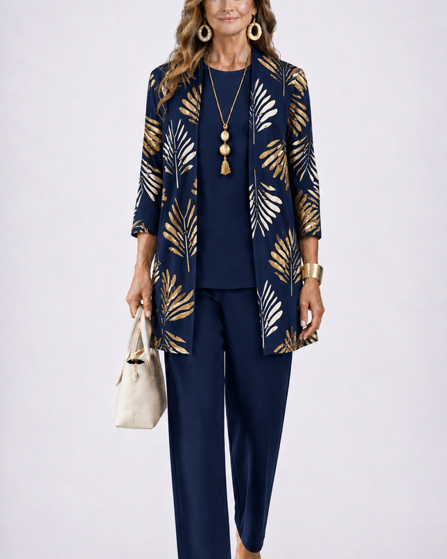 Amélie | Women's Elegant 3-Piece Set with Botanical Print Longline Jacket, Top and Wide Leg Pants