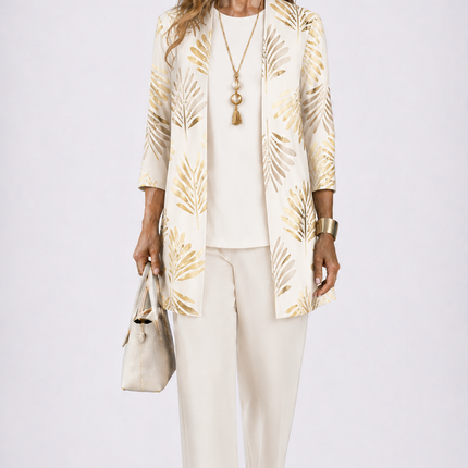 Amélie | Women's Elegant 3-Piece Set with Botanical Print Longline Jacket, Top and Wide Leg Pants