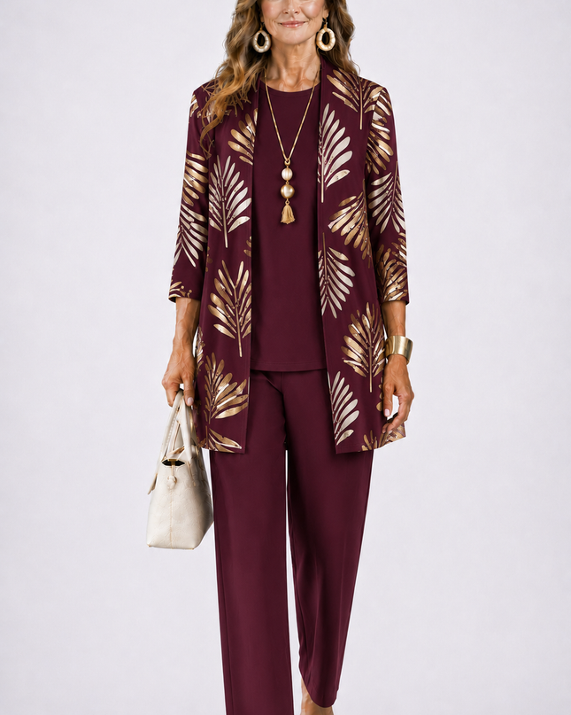 Amélie | Women's Elegant 3-Piece Set with Botanical Print Longline Jacket, Top and Wide Leg Pants