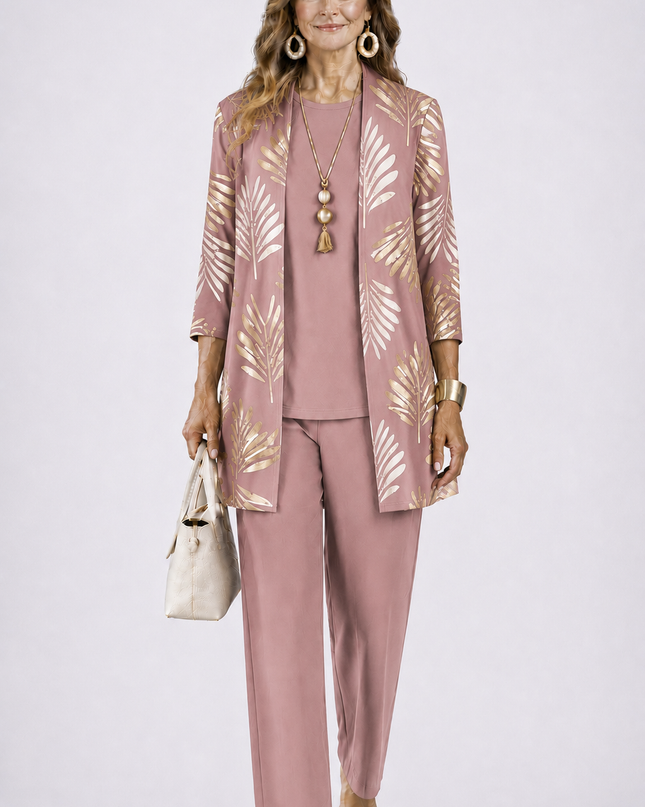 Amélie | Women's Elegant 3-Piece Set with Botanical Print Longline Jacket, Top and Wide Leg Pants