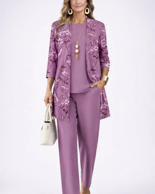 Amélie | Women's Elegant 3-Piece Set with Botanical Print Longline Jacket, Top and Wide Leg Pants