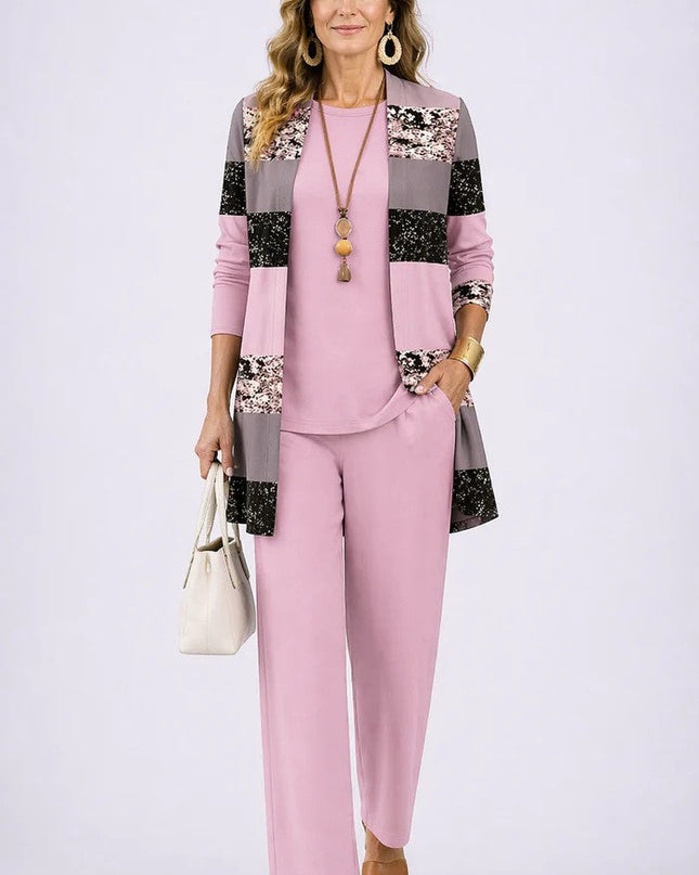 Amélie | Women's Elegant 3-Piece Set with Botanical Print Longline Jacket, Top and Wide Leg Pants