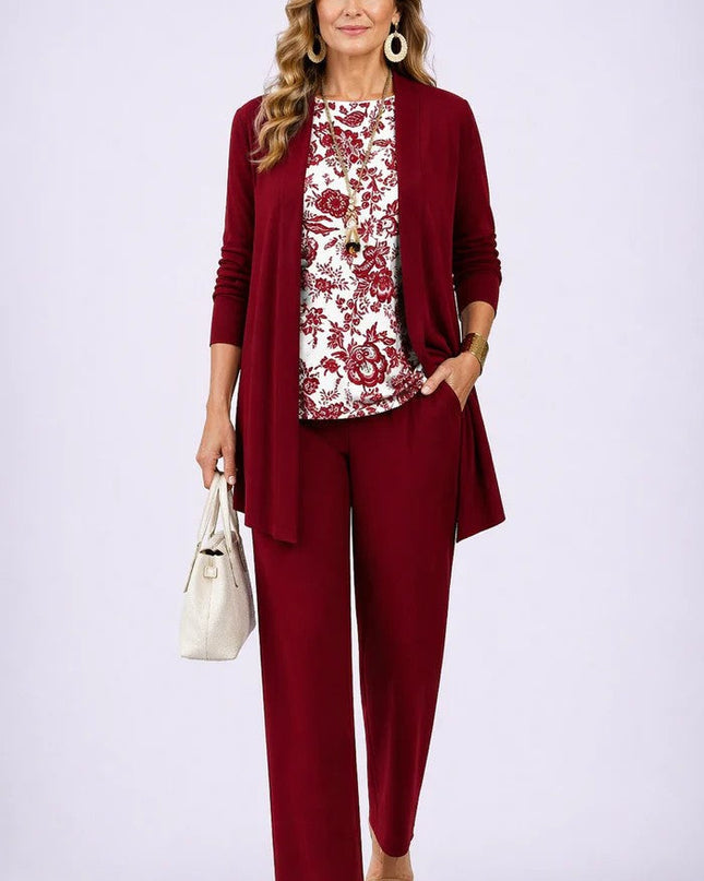 Amélie | Women's Elegant 3-Piece Set with Botanical Print Longline Jacket, Top and Wide Leg Pants