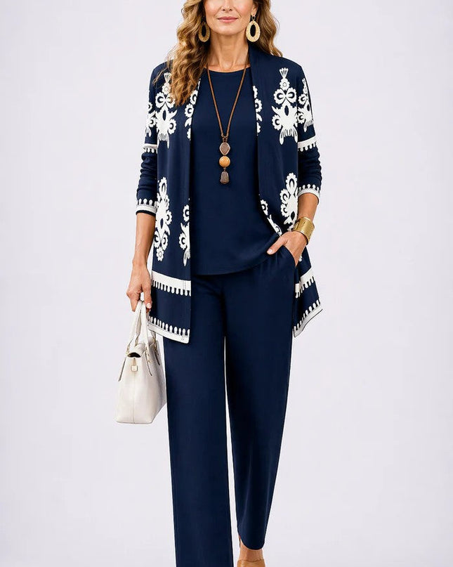 Amélie | Women's Elegant 3-Piece Set with Botanical Print Longline Jacket, Top and Wide Leg Pants