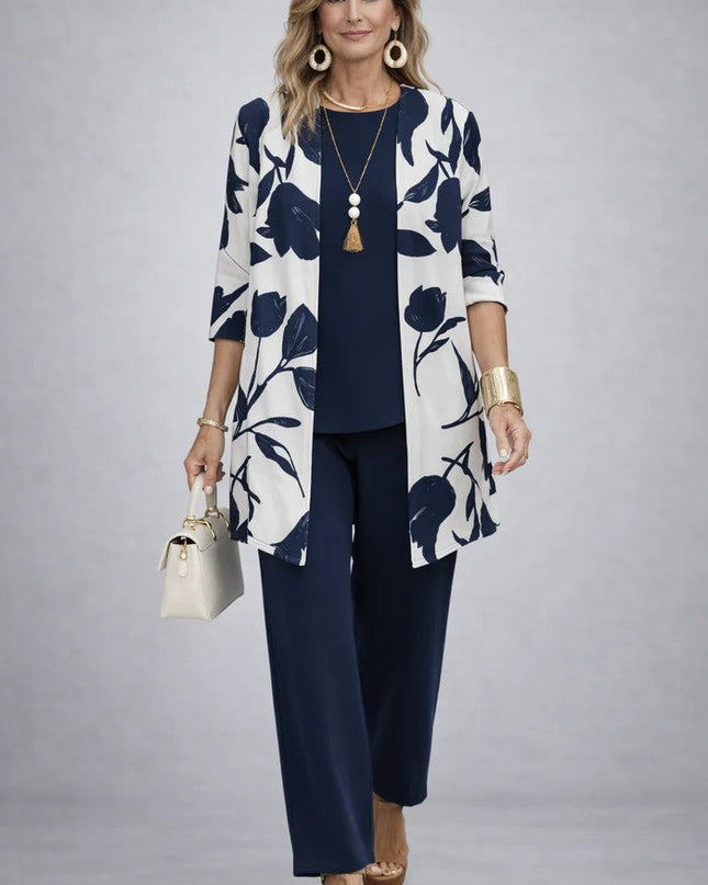Amélie | Women's Elegant 3-Piece Set with Botanical Print Longline Jacket, Top and Wide Leg Pants