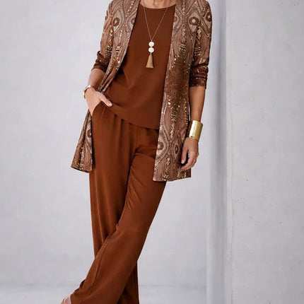 Amélie | Women's Elegant 3-Piece Set with Botanical Print Longline Jacket, Top and Wide Leg Pants
