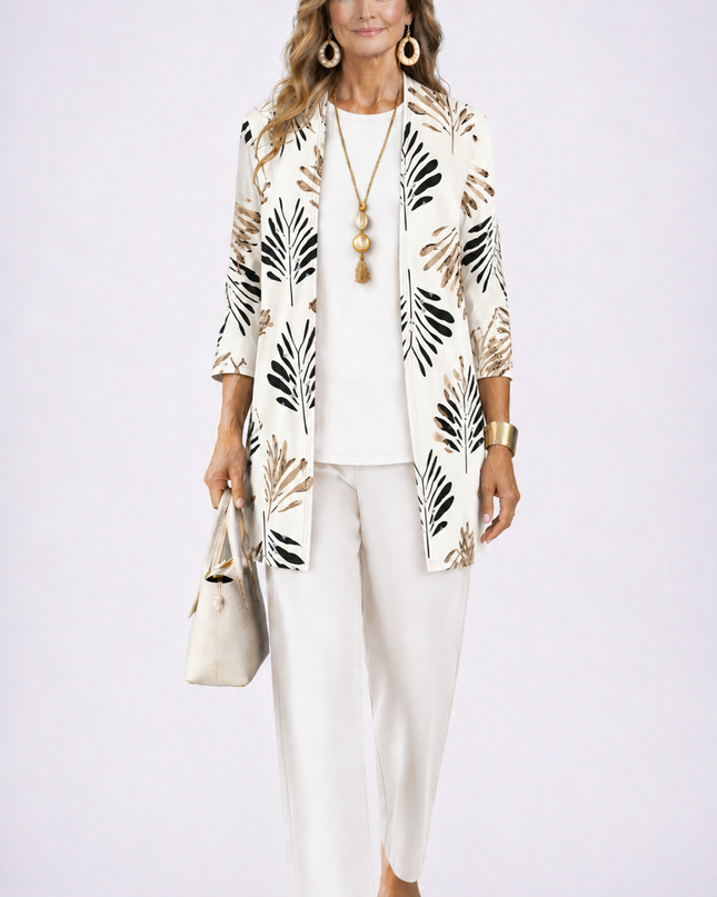 Amélie | Women's Elegant 3-Piece Set with Botanical Print Longline Jacket, Top and Wide Leg Pants