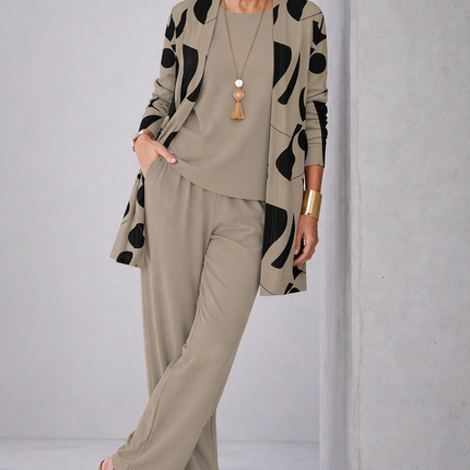 Amélie | Women's Elegant 3-Piece Set with Abstract Print Longline Jacket, Top and Wide Leg Pants