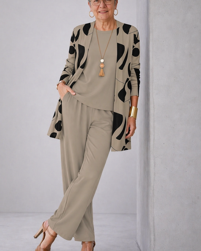 Amélie | Women's Elegant 3-Piece Set with Abstract Print Longline Jacket, Top and Wide Leg Pants
