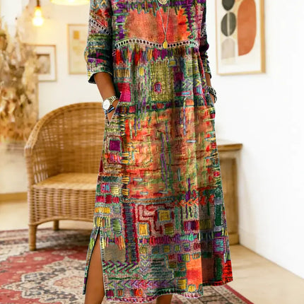 Kaia | Women's Bohemian Abstract Print Maxi Dress with 3/4 Sleeves