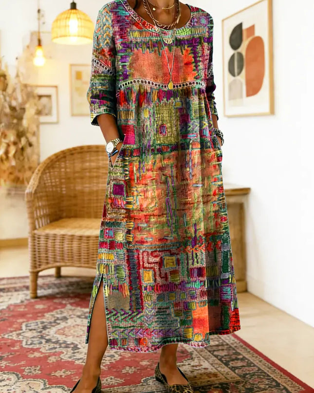 Kaia | Women's Bohemian Abstract Print Maxi Dress with 3/4 Sleeves