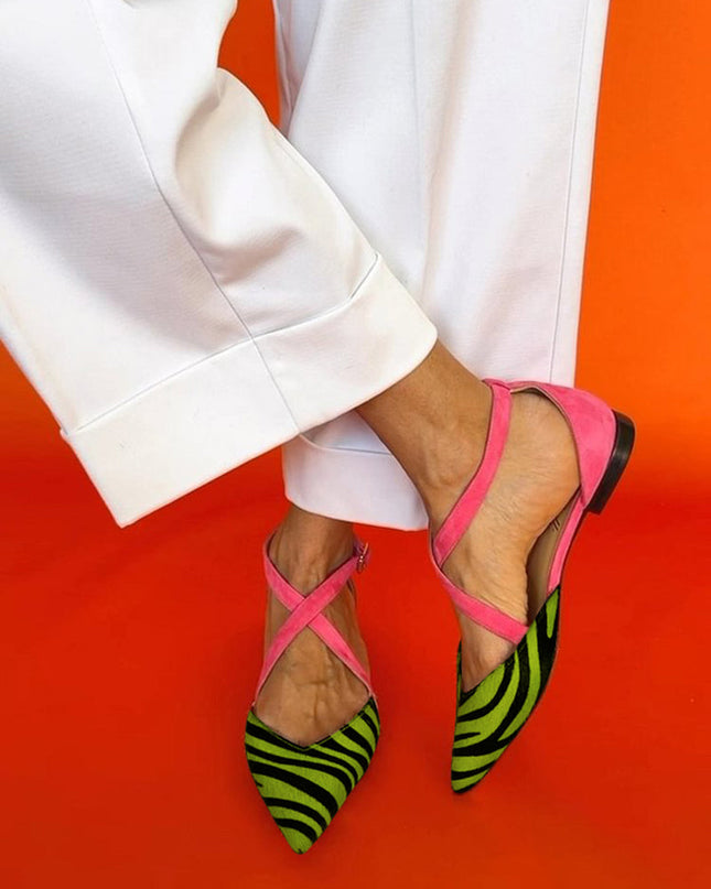 Zarella | Striped Flat Sandals with Crossed Ankle Straps