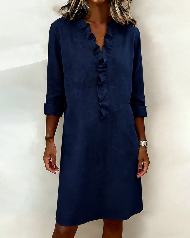 Rosalie | Women's Ruffle V-Neck Midi Dress with 3/4 Sleeves