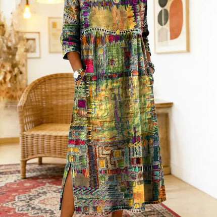 Kaia | Women's Bohemian Abstract Print Maxi Dress with 3/4 Sleeves