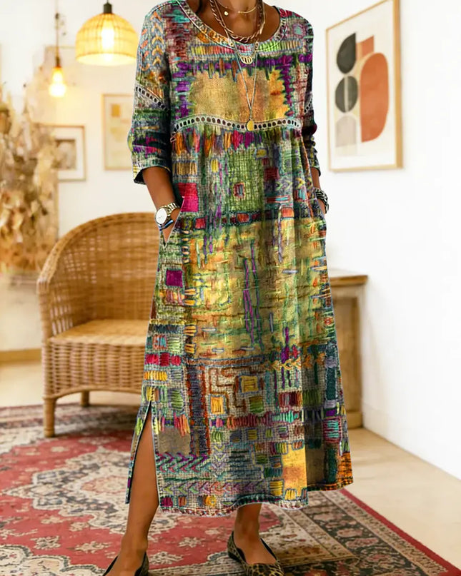 Kaia | Women's Bohemian Abstract Print Maxi Dress with 3/4 Sleeves