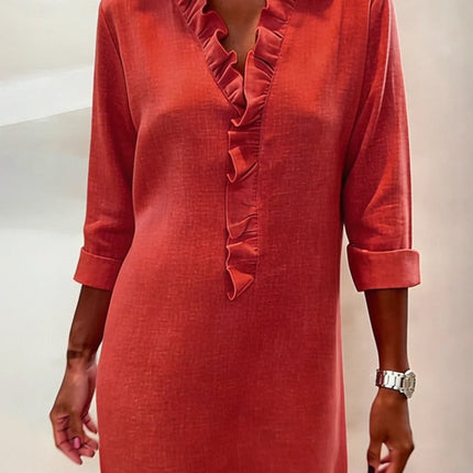Rosalie | Women's Ruffle V-Neck Midi Dress with 3/4 Sleeves