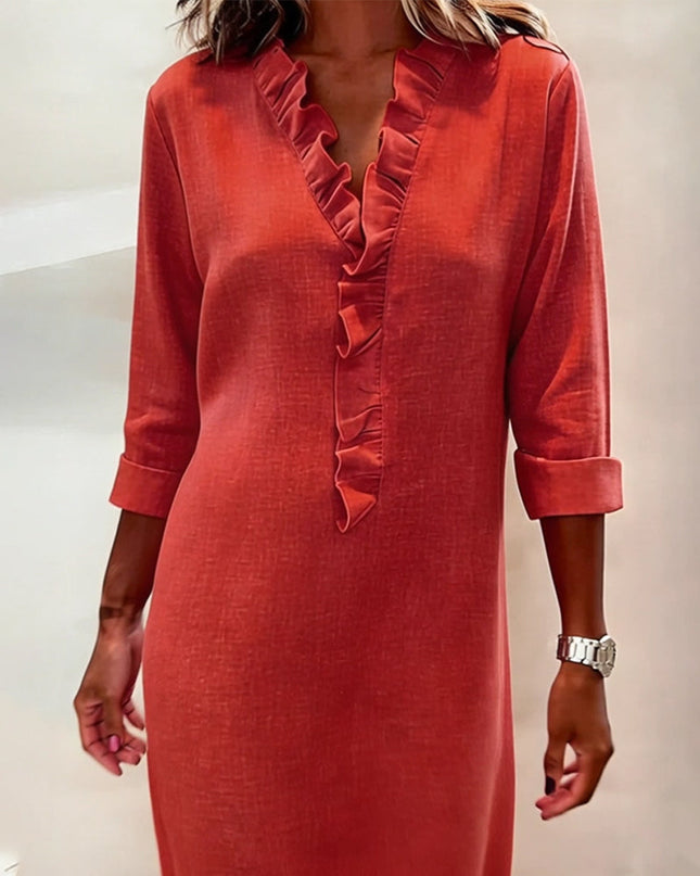 Rosalie | Women's Ruffle V-Neck Midi Dress with 3/4 Sleeves