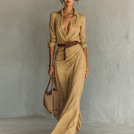 Sahara | Women's Elegant Shirt Maxi Dress with Draped Waist