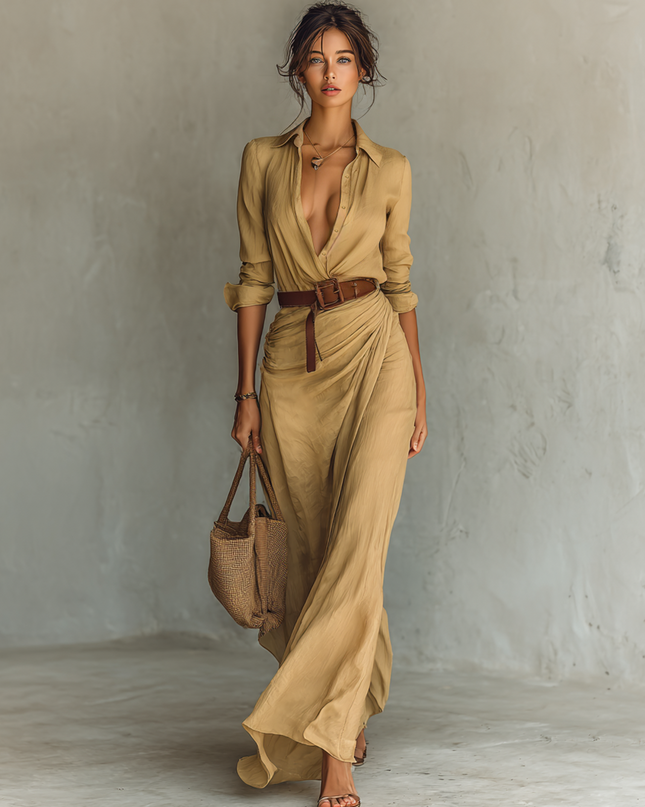 Sahara | Women's Elegant Shirt Maxi Dress with Draped Waist